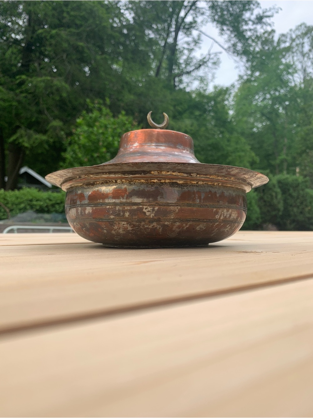 Antique Ottoman Copper Lidded Bowl with Crescent Finial